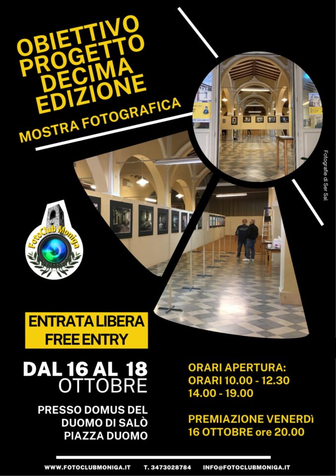 Locandina della mostra fotografica “Obiettivo Progetto”, decima edizione, con sale espositive e opere alle pareti. Ingresso libero dal 16 al 18 ottobre, presso il Duomo di Salò.