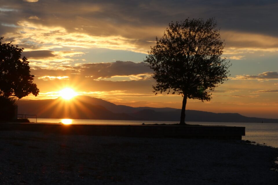 Tramonto sul lago con il sole vicino all’orizzonte, due alberi in controluce e montagne sullo sfondo.